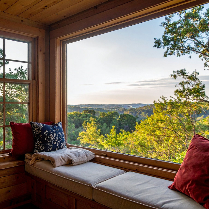 large window seat with cushions overlooking clear sky with green leafy trees and hills in the distance