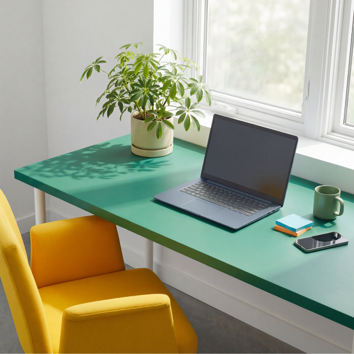 green desk with laptop, plant, coffee mug and cell phone and a yellow chair in front of a sunny window