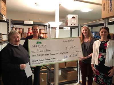 The Greylock Employee Community Giveback Program (GECGP) raised $1,360.00 for the People’s Pantry. (left to right) Rosemary Carpenite, People’s Pantry; Greylock’s Jen O’Neil, Emily Stanford and Katy Broggi.