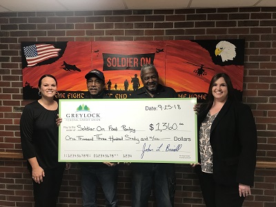 The Greylock Employee Community Giveback Program (GECGP) raised $1,360.00 for the Soldier on Food Pantry. (left to right) Greylock’s Courtney DiCicco, Kenneth Sheldon, Melvin Collins, and Greylock’s Becki Beron.